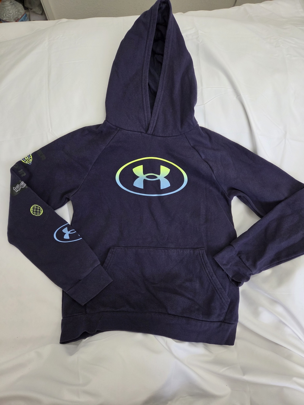 Under Armour Kids Navy Hoodie with Blue-Green Gradient Logo